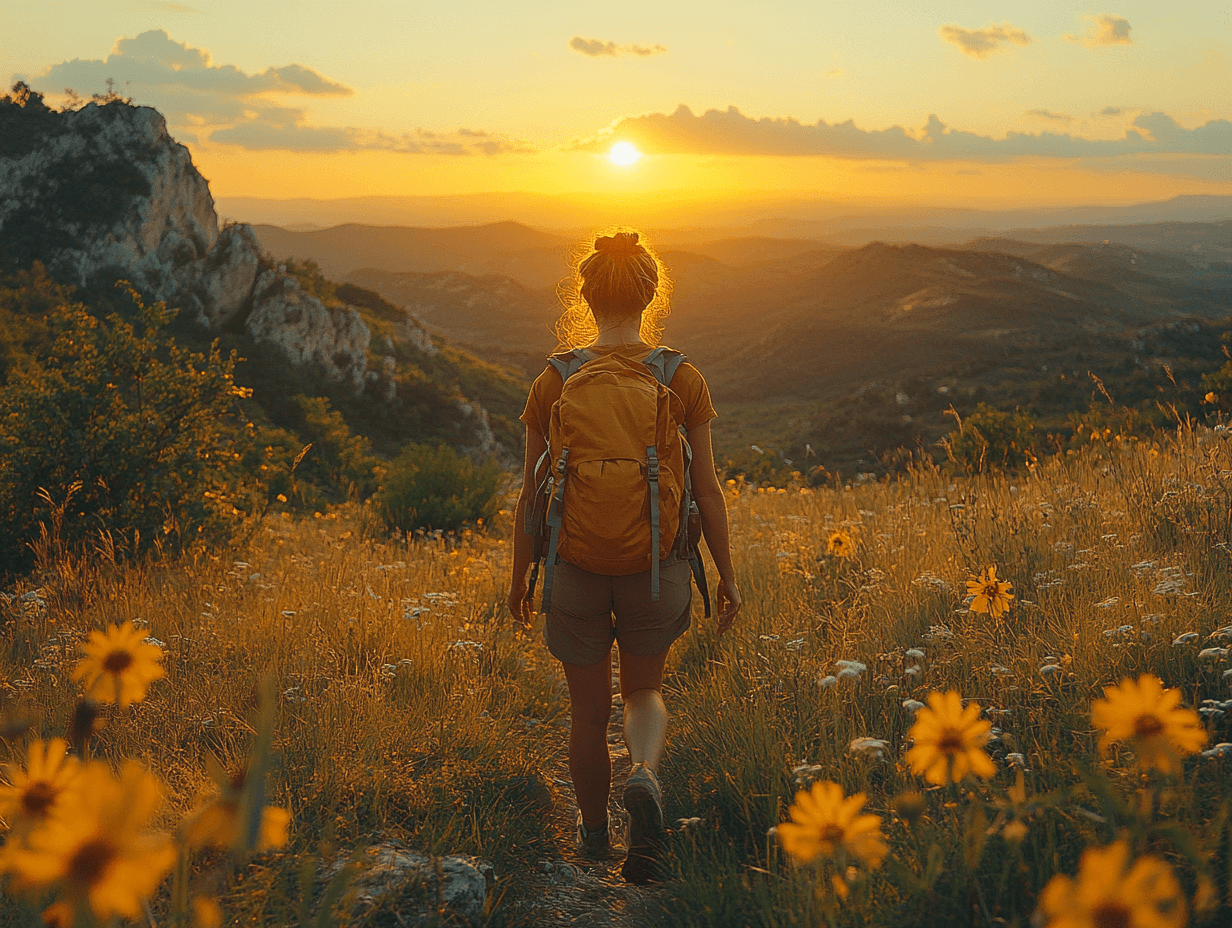 girl walking through flowers in mountain ranges