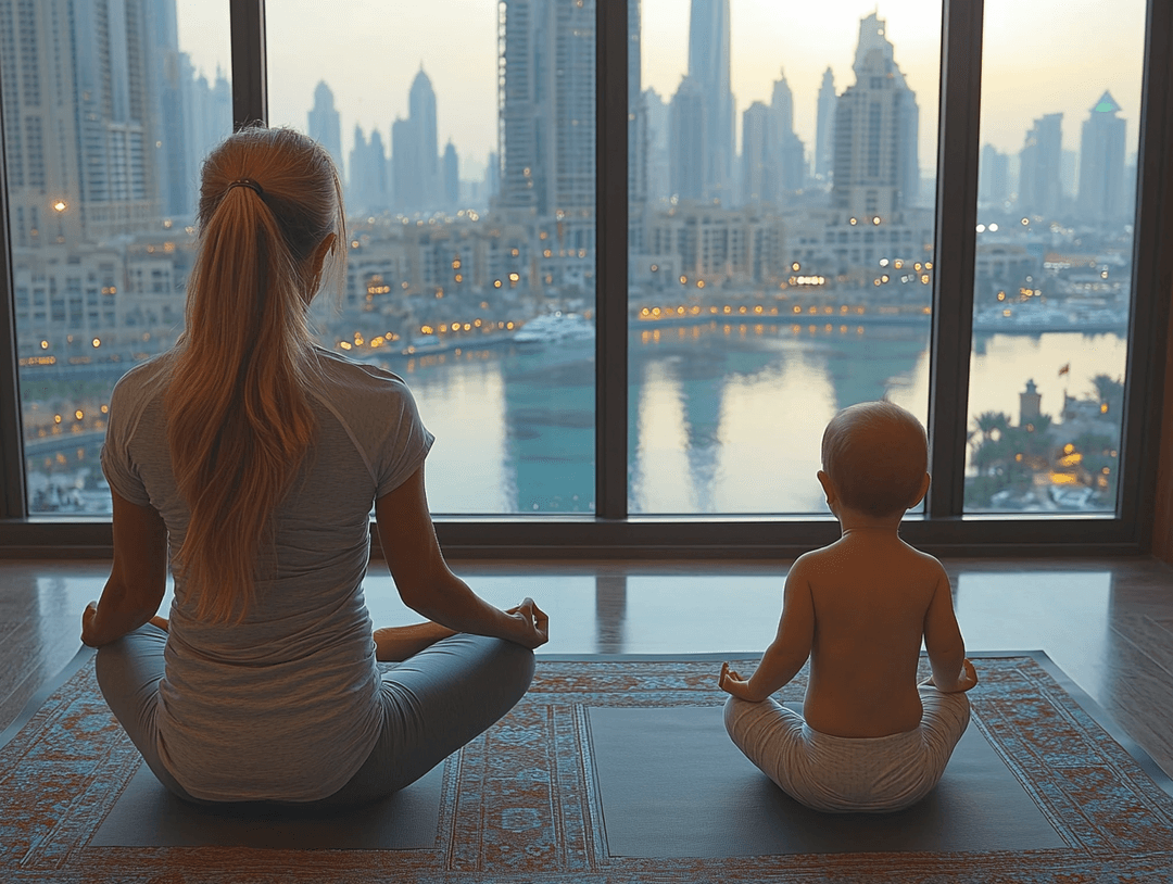 women and kid doing meditation